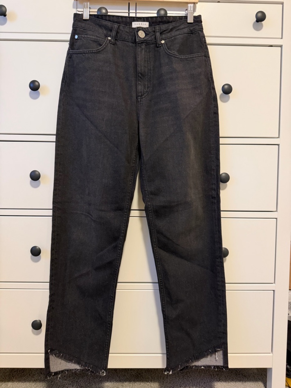 Sandro Black High Waisted Straight-Leg Jeans with Raw Hem